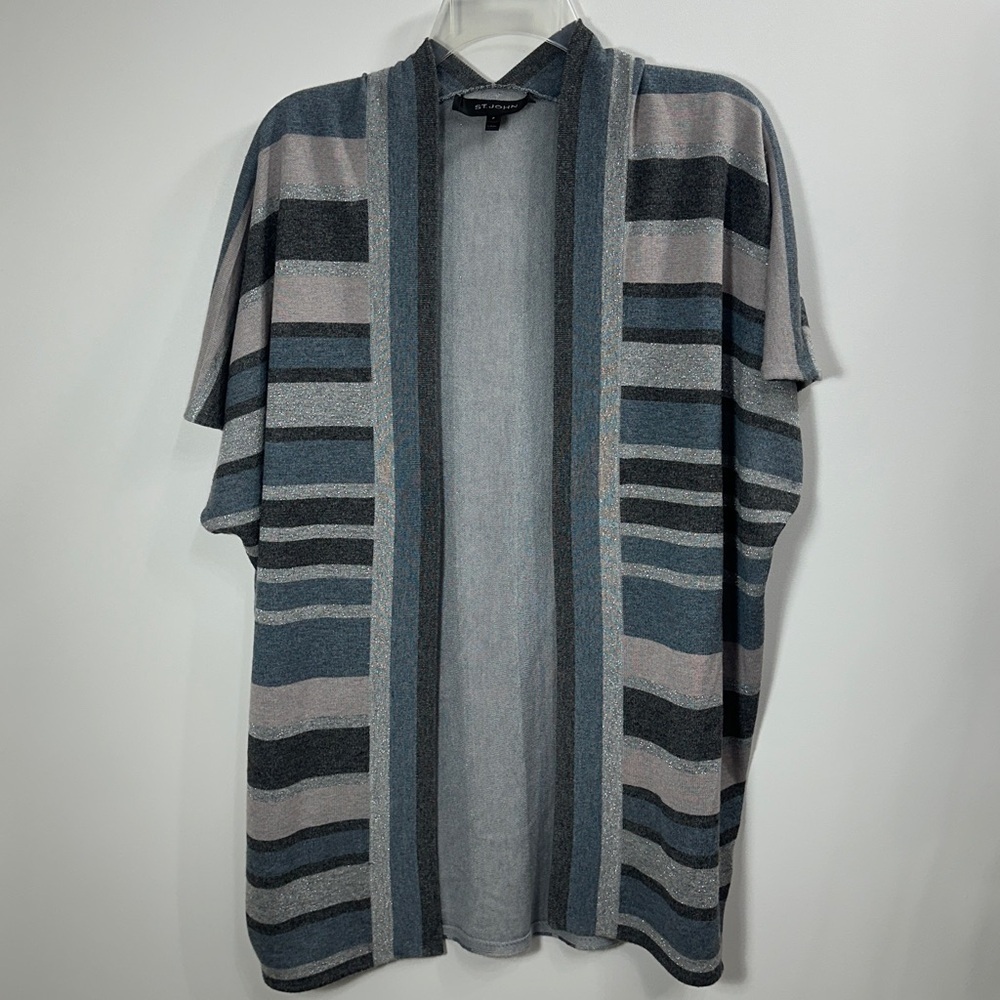 St. John Cardigan striped sweater open front gray silver short sleeve petite.